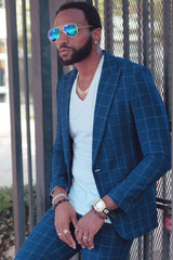 "Men's Navy Windowpane Plaid Suit - One Button Peak Lapel Vested"