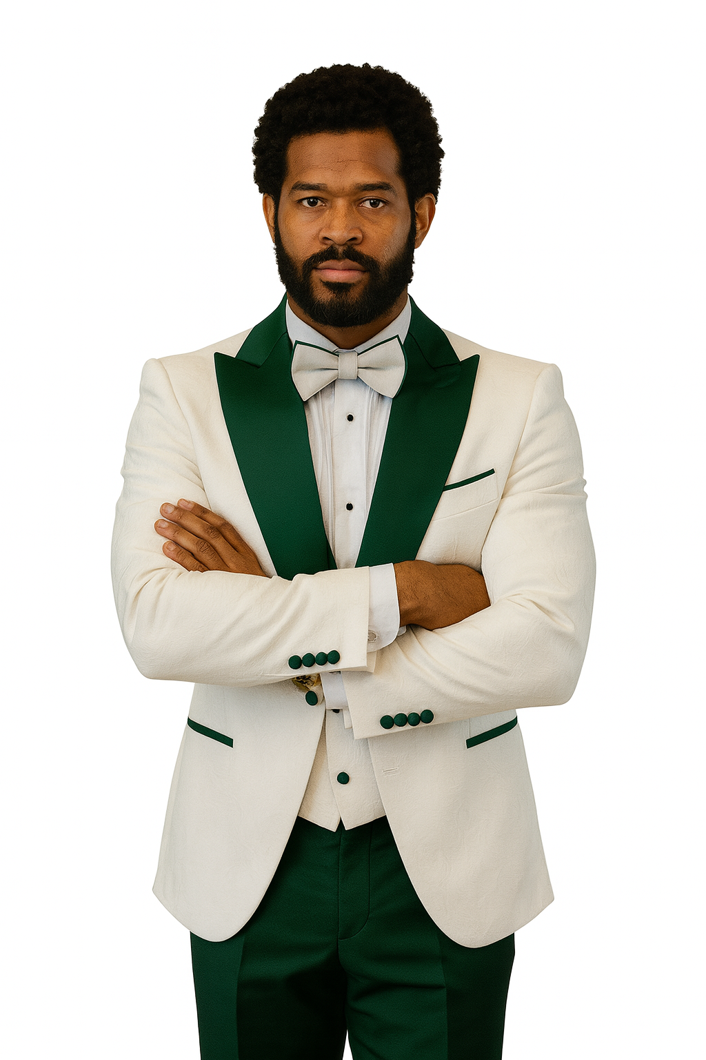Hilton White and Hunter Green Paisley Peak Lapel Tuxedo Jacket with Matching Shawl Vest and Wool Pants – Includes Bow Tie 7   - from alligatorwarehouse.com