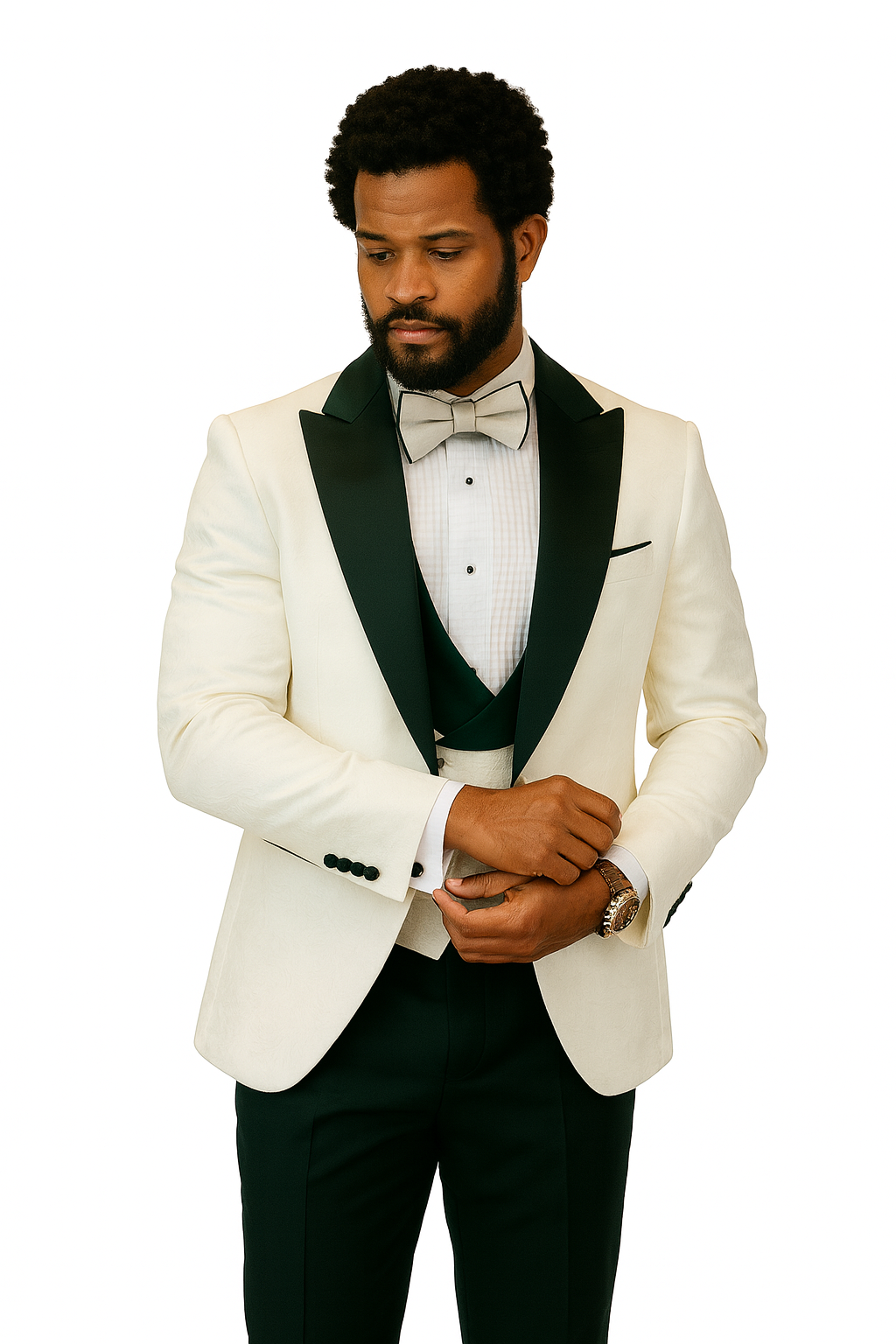 Hilton White and Black Paisley Peak Lapel Tuxedo Jacket with Matching Shawl Vest and Wool Pants – Includes Bow Tie 2   - from alligatorwarehouse.com