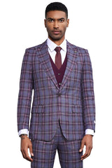Men's Stacy Adams Bold Windowpane Plaid Print Vested Suit in Lavender & Purple