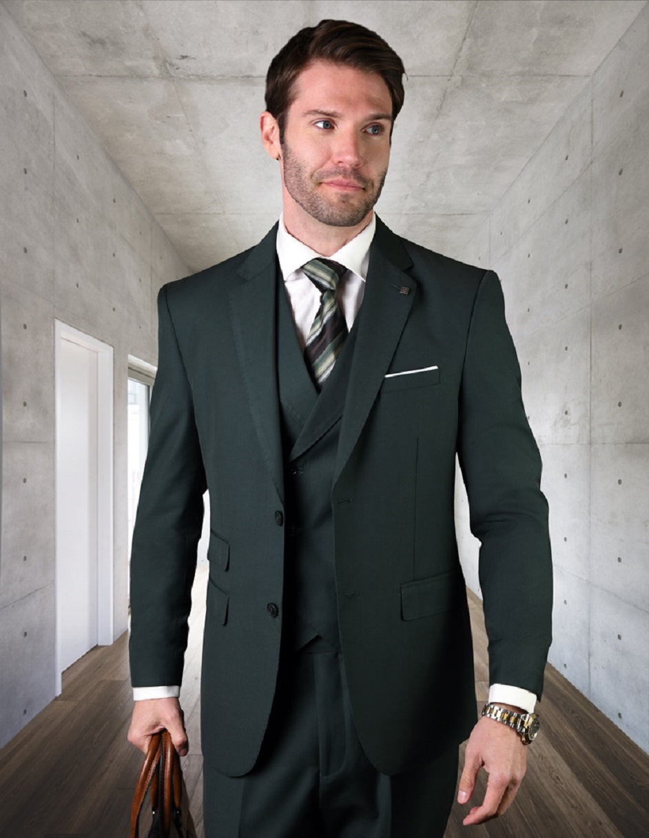 Mens 2 Button Slim Fit Wool Suit With Double Breasted Vest in Hunter Green 1 LAZIO_HUNTER_56L  - from alligatorwarehouse.com