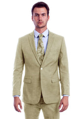 Men's Two Button Modern Fit Linen Look Summer Suit in Light Beige