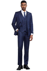 Men's Stacy Adams Classic One Button Vested Windowpane Suit in Navy Blue