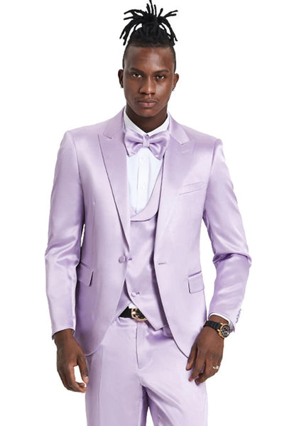 Men's One Button Vested Shiny Satin Sharkskin Prom & Wedding Lavender Party Suit Lavender Prom Tuxedos