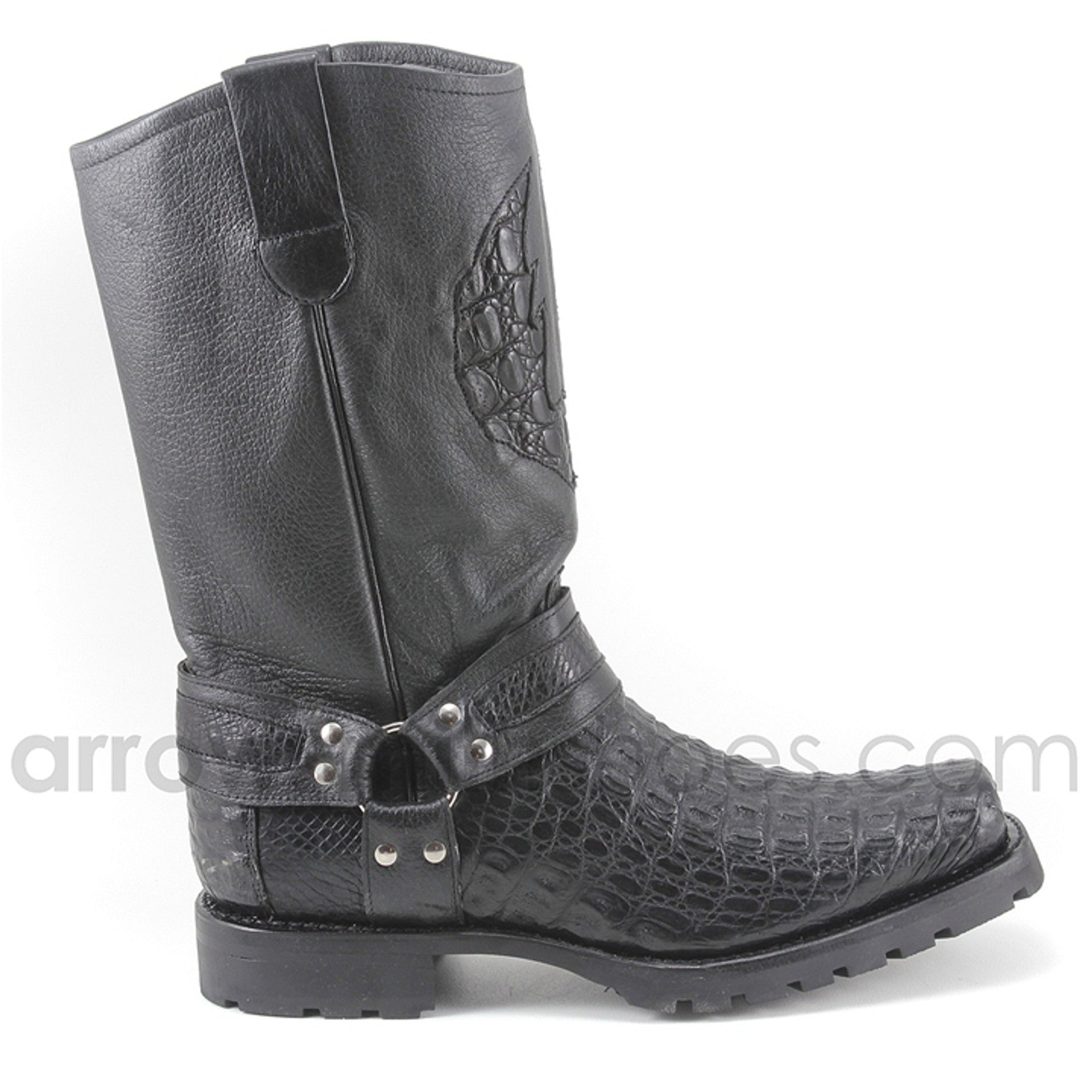 Los Altos Men's Black Genuine Caiman Leather Biker Boots 3   - from alligatorwarehouse.com