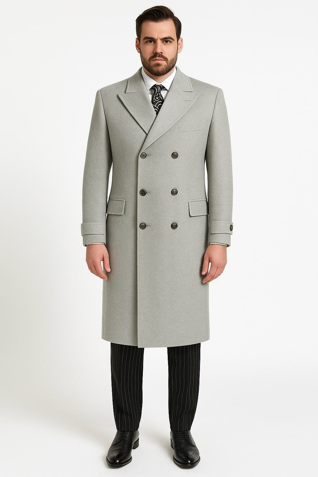 Mens Light Gray Double-Breasted Wool Overcoat – Classic Long Dress Coat for Winter 1   - from alligatorwarehouse.com