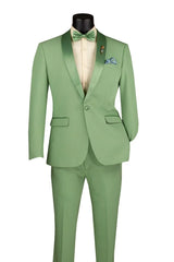 Light Green Tuxedo Suit for Men – Satin Lapel Wedding and Prom Suit in Color Sage Green Tuxedo
