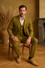 Mens Light Olive Green Linen Suit Three-Piece Style ƒ?? Formal Suit with Vest and Flat Front Pants