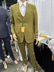 Mens Light Olive Green Linen Suit Three-Piece Style ƒ?? Formal Suit with Vest and Flat Front Pants