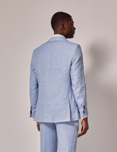 Mens Linen Suit For Beach Wedding - Summer Suit in Light Blue Herringbone