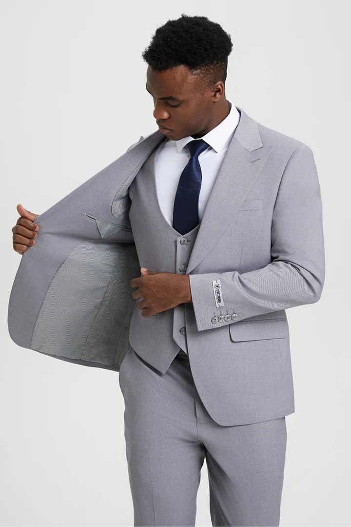 Light Grey Suit - Silver Gray Suit For Wedding - Men's Vested One Button Peak Lapel Stacy Adams Light Grey Designer Suit 5   - from alligatorwarehouse.com
