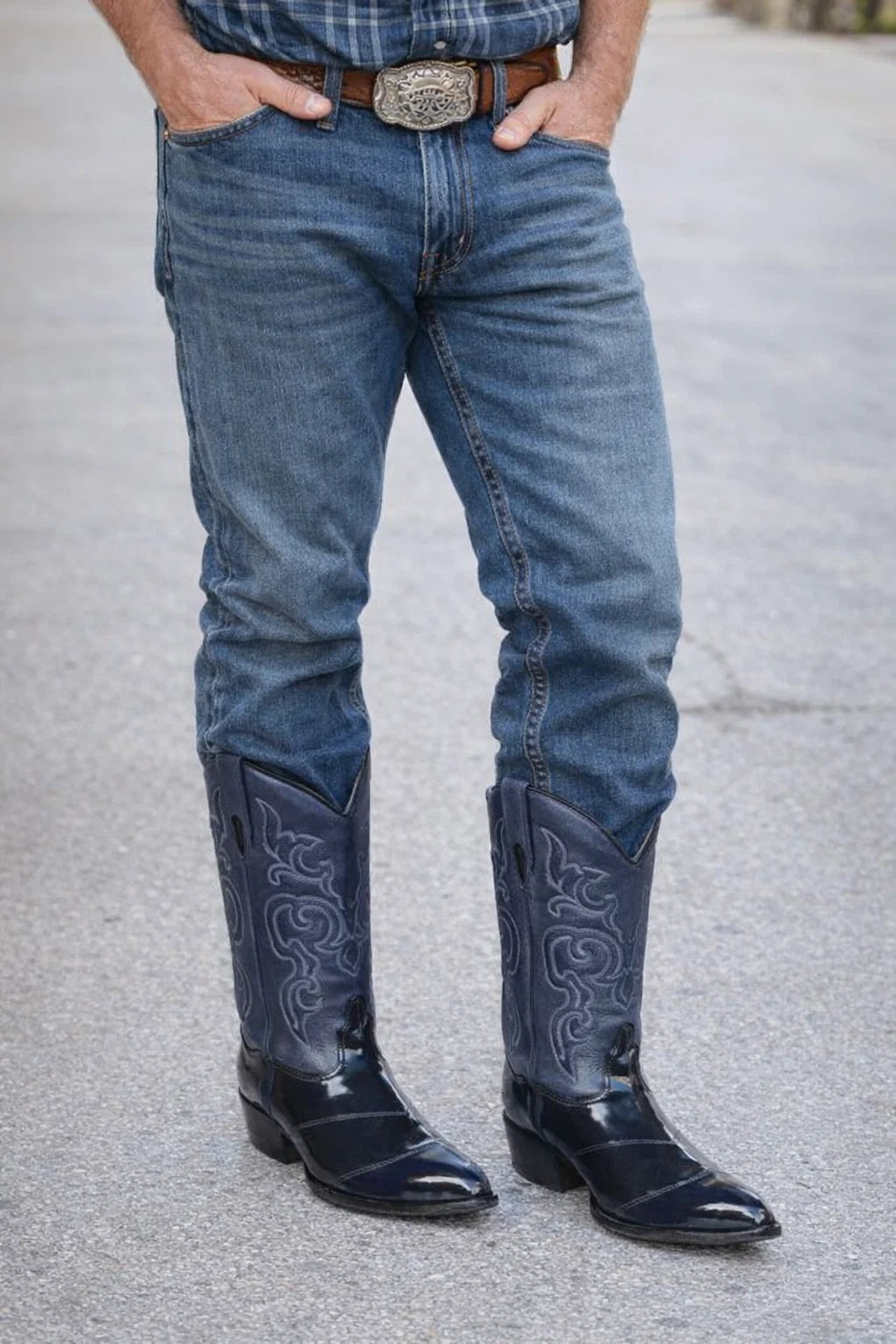 Los Altos Men’s Dress Cowboy Boots – Navy Blue Eel-Skin Western Boots