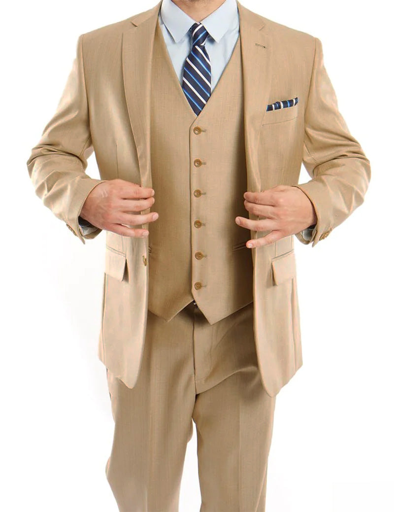 Light Beige 3 Piece Modern Fit Suit 2 Button V-Neck Vest 1 SO4M158-06-34R  - from alligatorwarehouse.com
