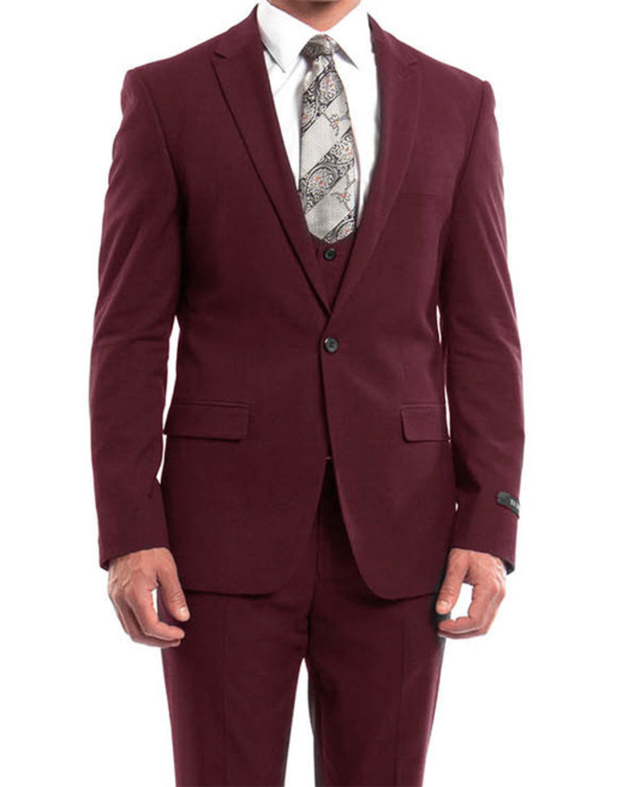 Burgundy Solid Color 3 Piece Slim Fit Suit 1 Button Peak Lapel 1 SO4M255US-03-34R  - from alligatorwarehouse.com