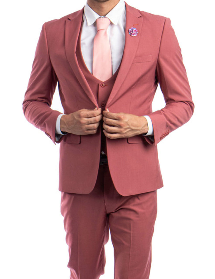 Coral Solid Color 3 Piece Slim Fit Suit 1 Button Peak Lapel 1 SO4M255US-06-34R  - from alligatorwarehouse.com