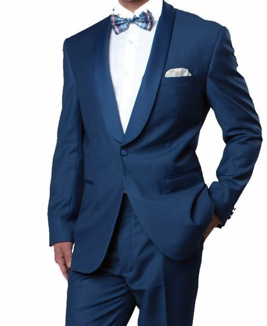 (36R, 38R, 46R, 48L) Blue Slim Fit Tuxedo With Satin Shawl Lapel 1 Button 1 SO4MT146S-05-Blue  - from alligatorwarehouse.com