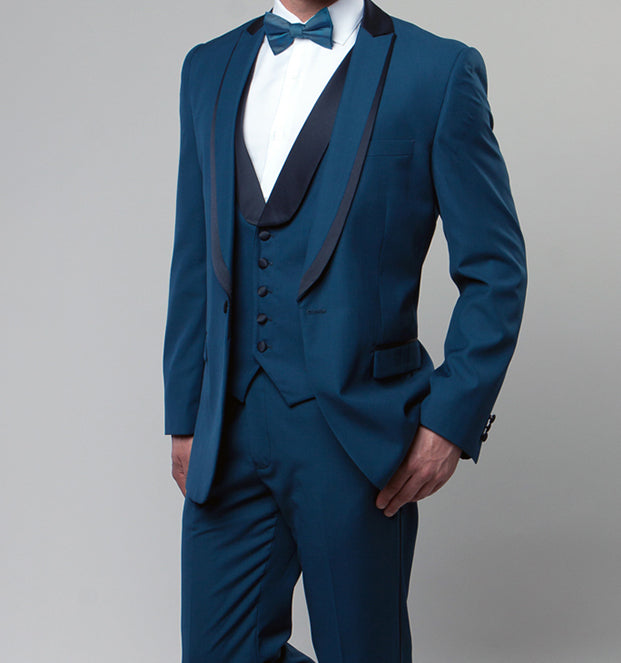 Blue Slim Fit Tuxedo 3 Piece with Satin Shawl Collar Vest 1 SO4MT239S-02-36R  - from alligatorwarehouse.com