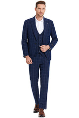 "Men's Navy Windowpane Plaid Suit - One Button Peak Lapel Vested"