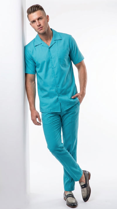 Men’s Turquoise Linen Shirt and Pants Set, Casual Summer Walking Suit Outfit