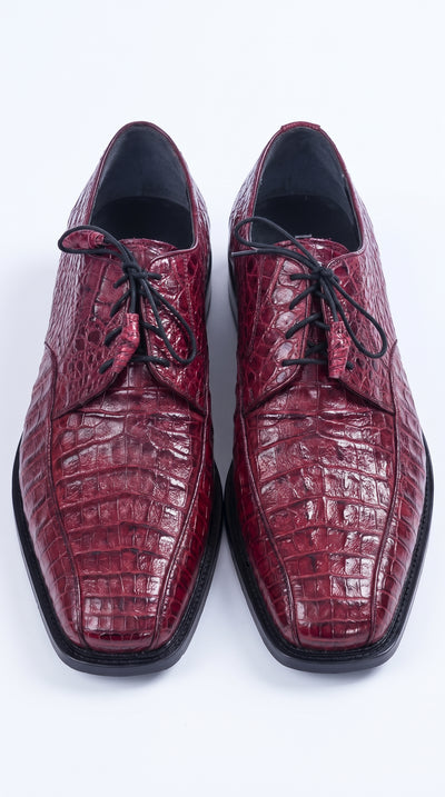 Los Altos Men’s Burgundy Caiman Belly Exotic Leather Shoes – Bicycle Toe Lace-Up Dress Shoes