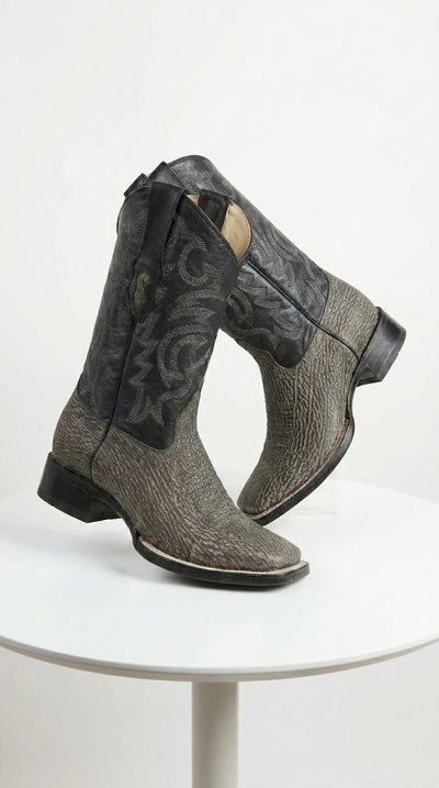 Men’s Los Altos Grey and Black Shark Skin Wide Square Toe Cowboy Boots, Exotic Western Dress Boots