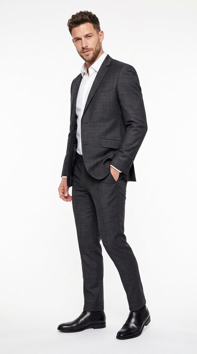 Men’s Charcoal Wool Blend Slim Fit 2 Piece Suit, 2 Button Formal Wedding Business Suit