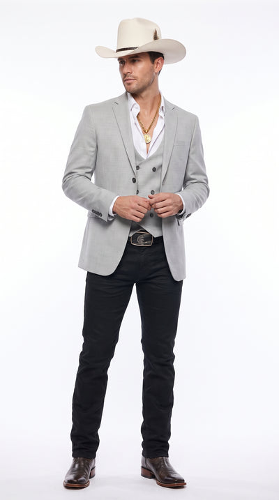 Men’s Light Gray Western Suit Blazer with Double-Breasted Vest, Modern Cowboy Formal Jacket Outfit