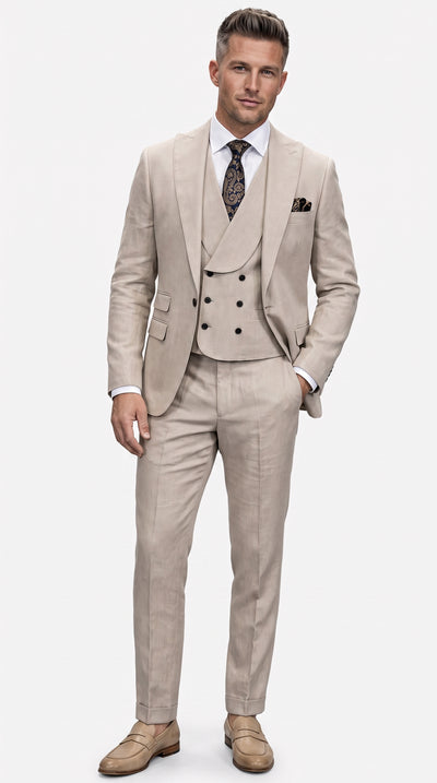 Statement Men’s Tan Wool Suit with Double Breasted Vest, Single Button Big Lapel Formal Dress Suit