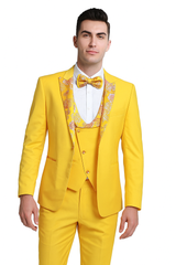 Radiant Golden Bloom Mens 3-Piece Suit with Floral Peak Lapel