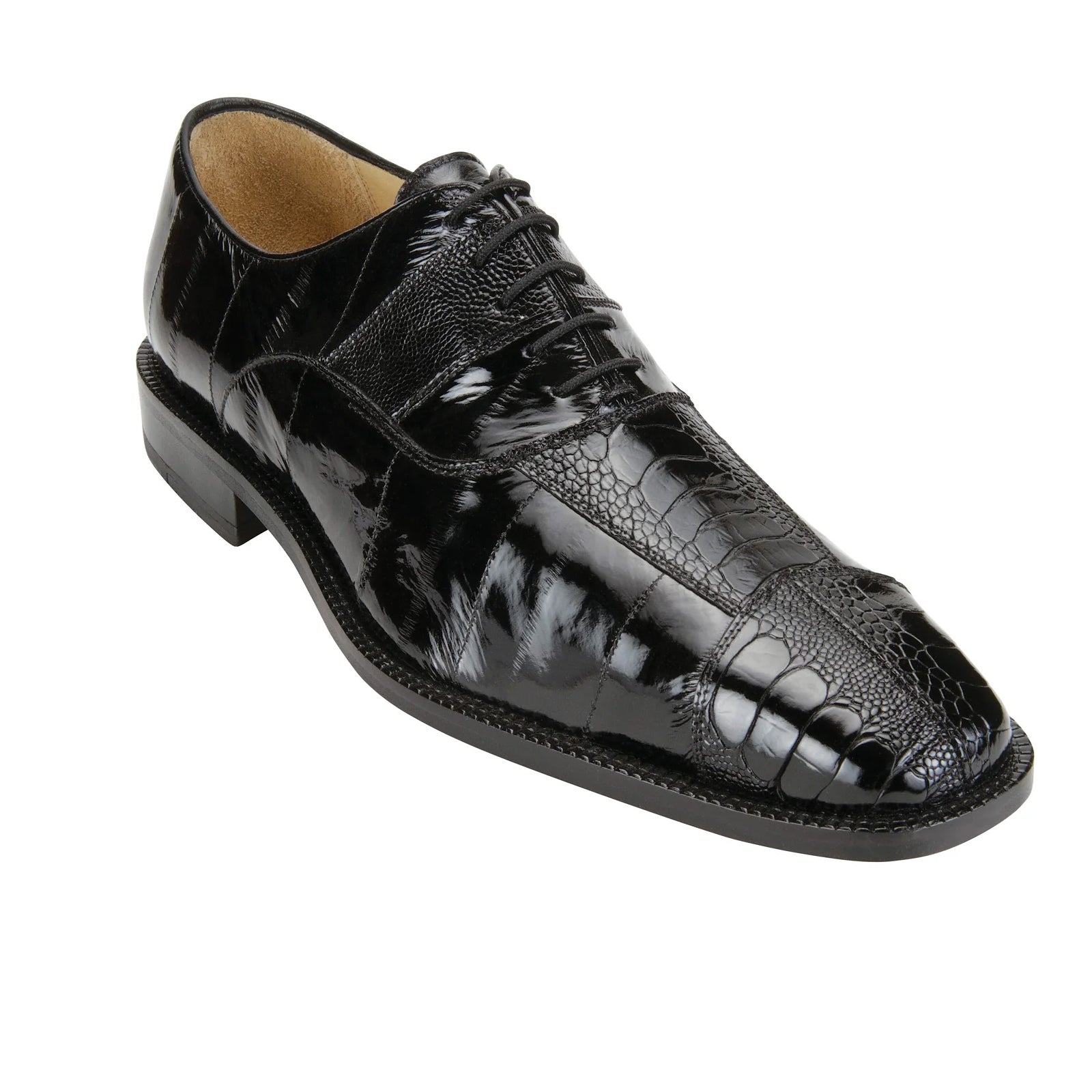 Men's Belvedere Mare Ostrich Leg & Eel Skin Dress Shoe in Black 2 MEN 2P7 BLACK-M-09  - from alligatorwarehouse.com