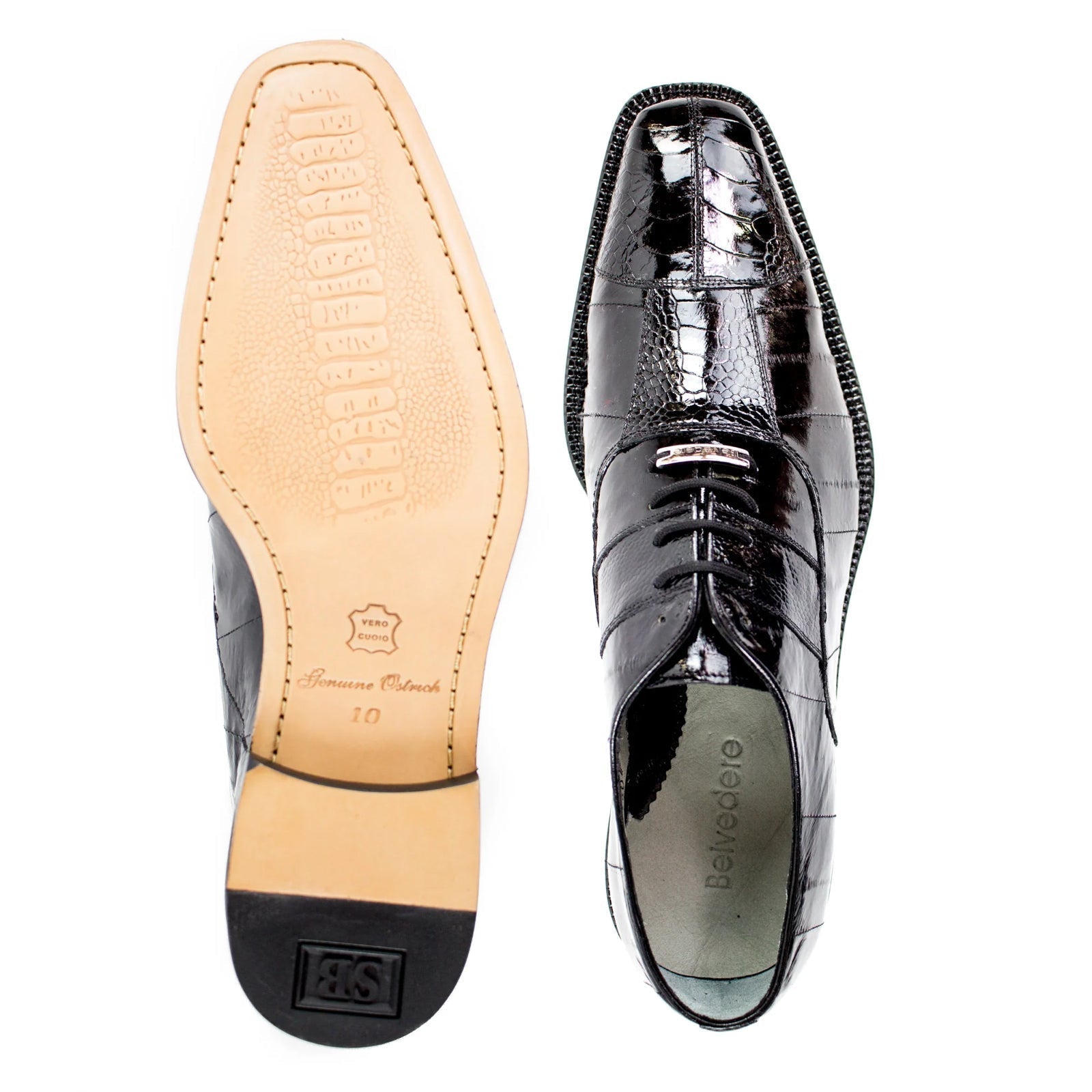 Men's Belvedere Mare Ostrich Leg & Eel Skin Dress Shoe in Black 3 MEN 2P7 BLACK-M-09  - from alligatorwarehouse.com