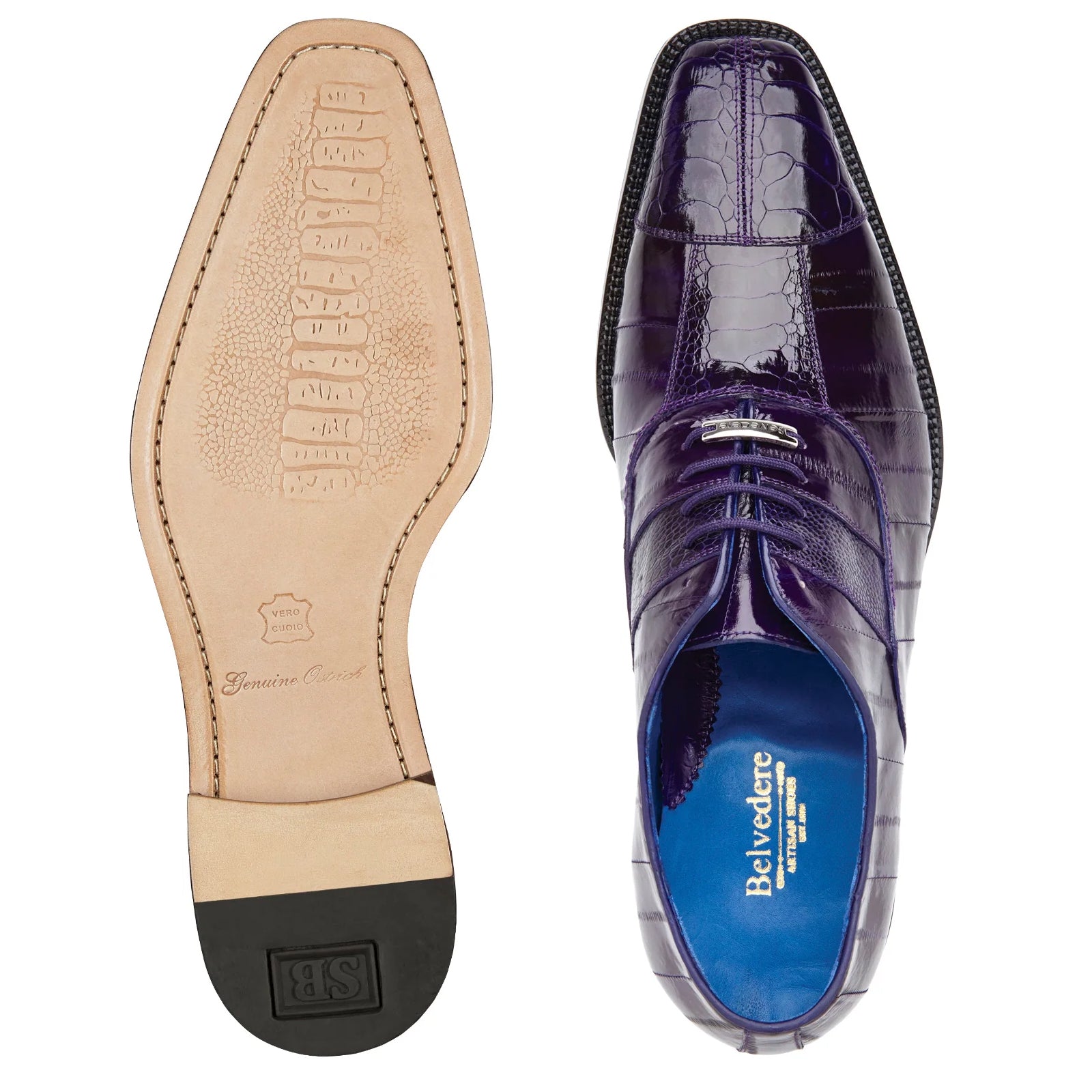 Men's Belvedere Mare Ostrich Leg & Eel Skin Dress Shoe in Purple 3 MEN 2P7 PURPLE-M-09.5  - from alligatorwarehouse.com