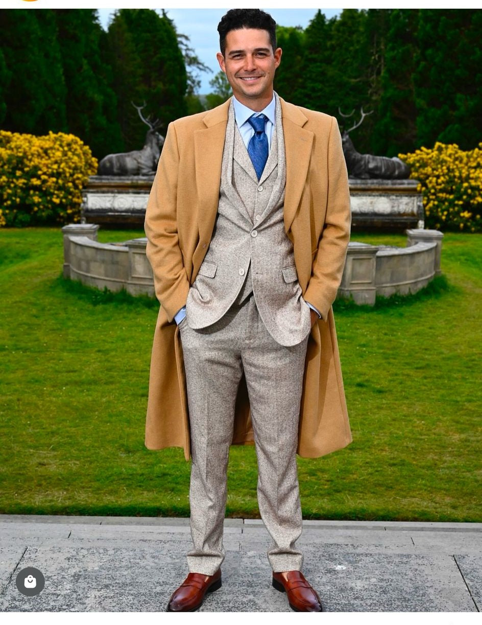 Great Gatsby Package -  Mens Camel Overcoat with Beige Tweed 3-Piece Suit Combo 4 Items Formal Winter Outfit 3   - from alligatorwarehouse.com