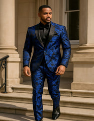Menƒ??s Royal Blue and Black Floral Tuxedo Suit ƒ?? Slim Fit 2 Piece Formal Outfit with Matching Bow Tie