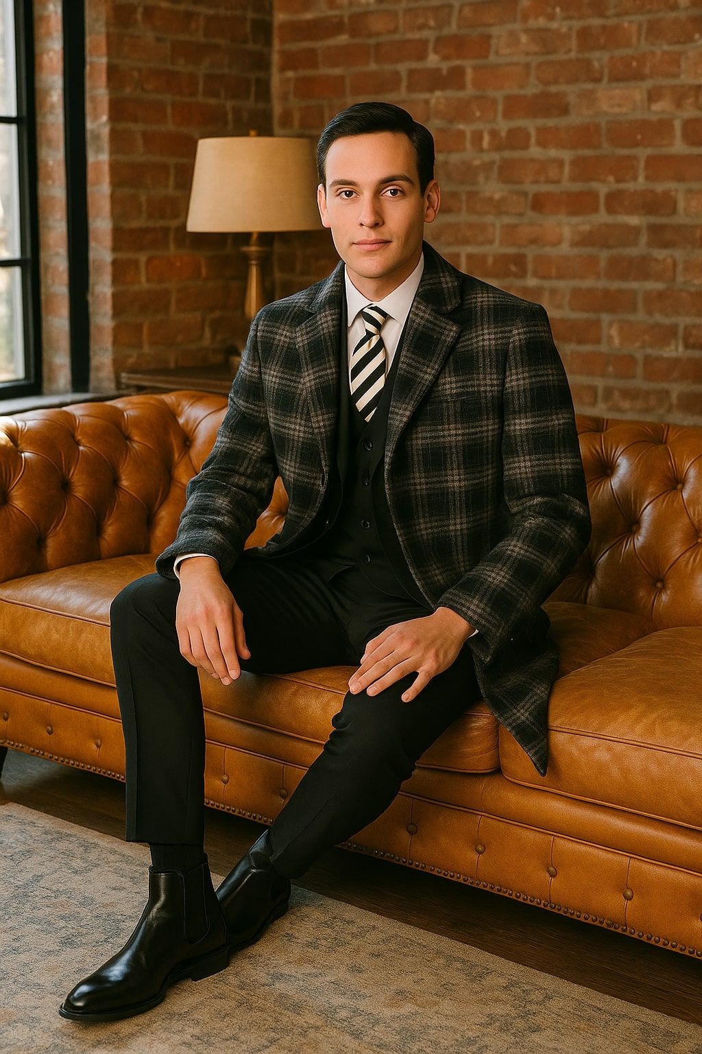 Men's Black and White Windowpane Plaid Overcoat – Classic Full Length Wool Blend Dress Coat 1   - from alligatorwarehouse.com