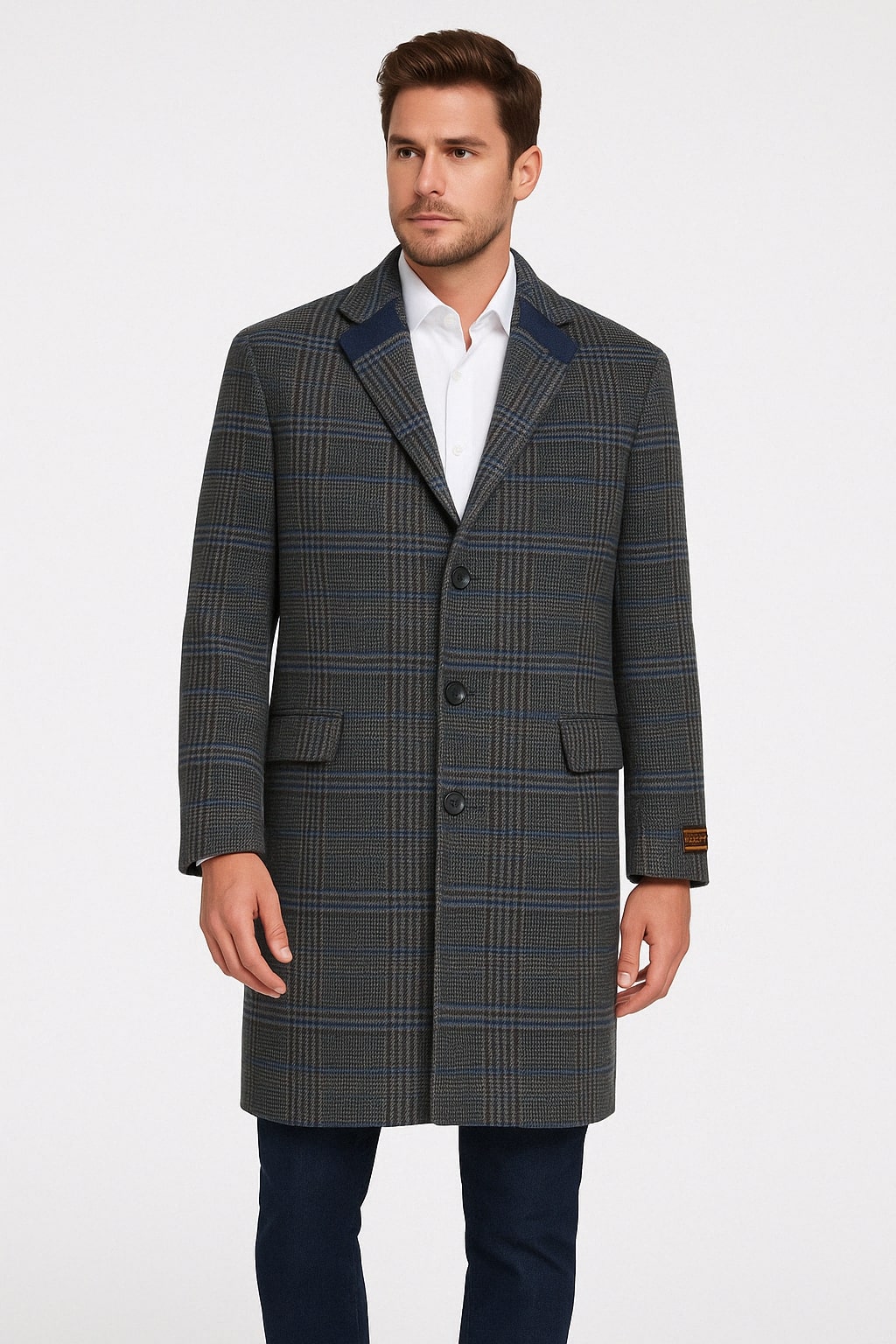 Men’s Blue and Grey Glen Plaid Wool Overcoat – Classic Long Winter Coat - Chesterfield Blue Collar 2   - from alligatorwarehouse.com