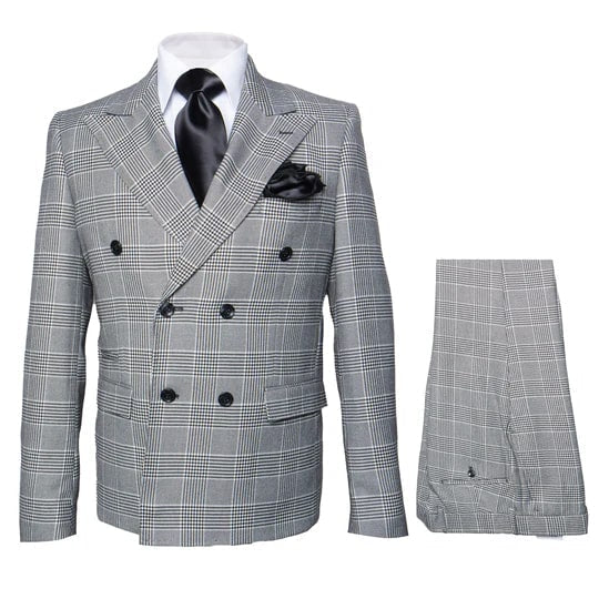 Grey Prince of Wales Check Suit – Rossiman Glen Plaid Double-Breasted Two-Piece for Men