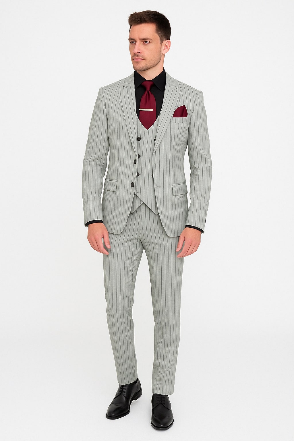 Men's Grey and Black Pinstripe Three-Piece Suit 1920s Suit Gangster Stripe Vintage Look 2   - from alligatorwarehouse.com