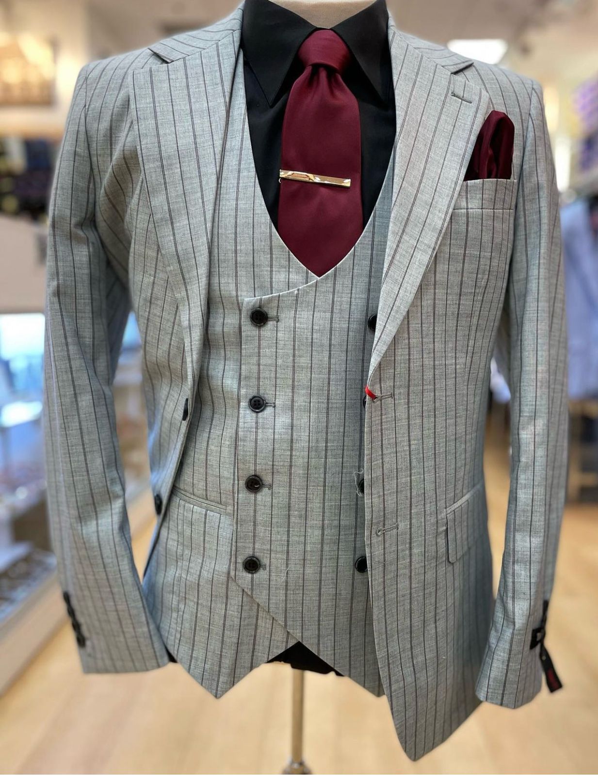 Men's Grey and Black Pinstripe Three-Piece Suit 1920s Suit Gangster Stripe Vintage Look