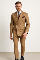 Men's Tan Plaid Double-Breasted Suit ƒ?? Classic Windowpane Two-Piece Formal Suit - Camel Color Suit By Rossiman