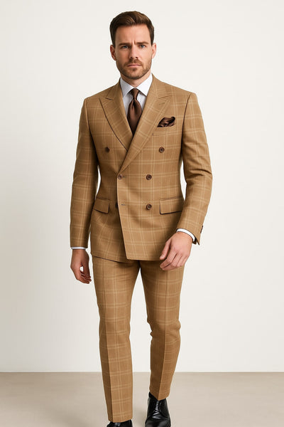 Tan Windowpane Plaid Suit – Rossiman Double-Breasted Men’s Two-Piece in Camel
