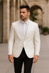 Men’s White Tuxedo Dinner Jacket Swirl Pattern Tuxedo Jacket with White Satin Shawl Lapel - Paisley Pattern
