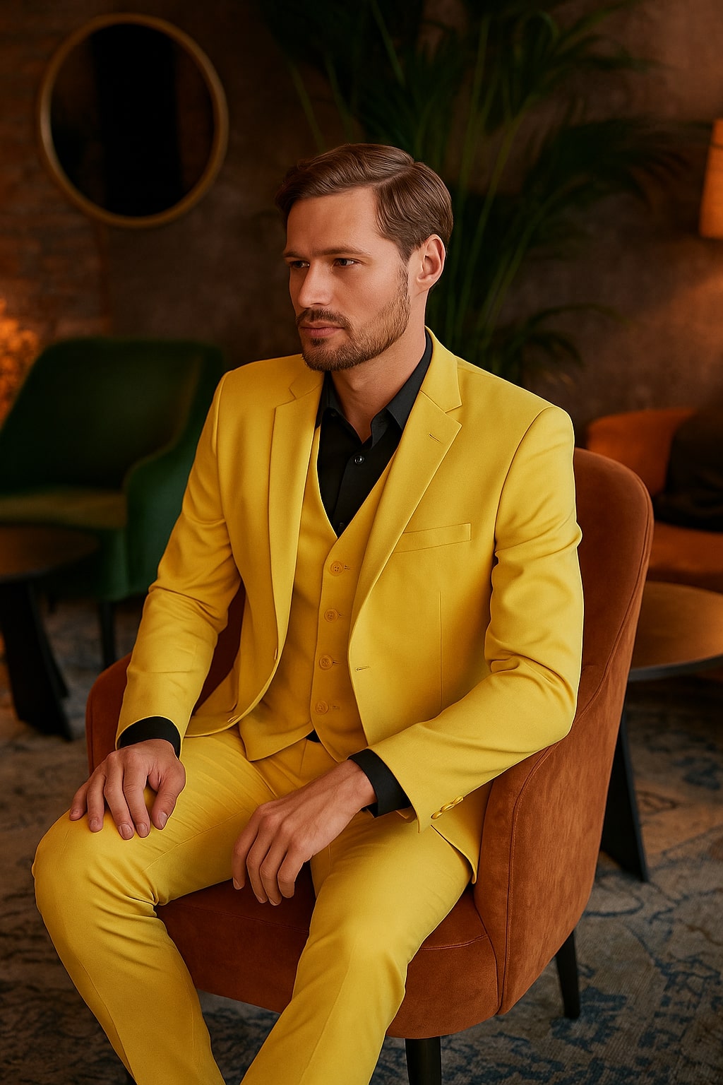 Men's Yellow 3-Piece Suit with Black Dress Shirt – Modern Slim Fit Formal Attire 1   - from alligatorwarehouse.com