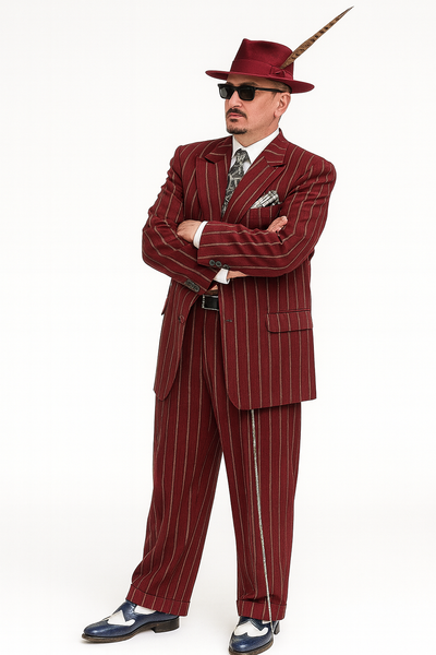 Burgundy Pinstripe Zoot Suit – 3 Piece 1920s/1930s Gangster Outfit (Jacket and Pants and Vest) Vintage Fashion