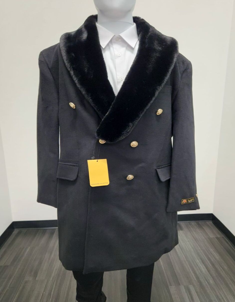 Men’s Black Double-Breasted Overcoat with Faux Fur Collar and Gold Buttons