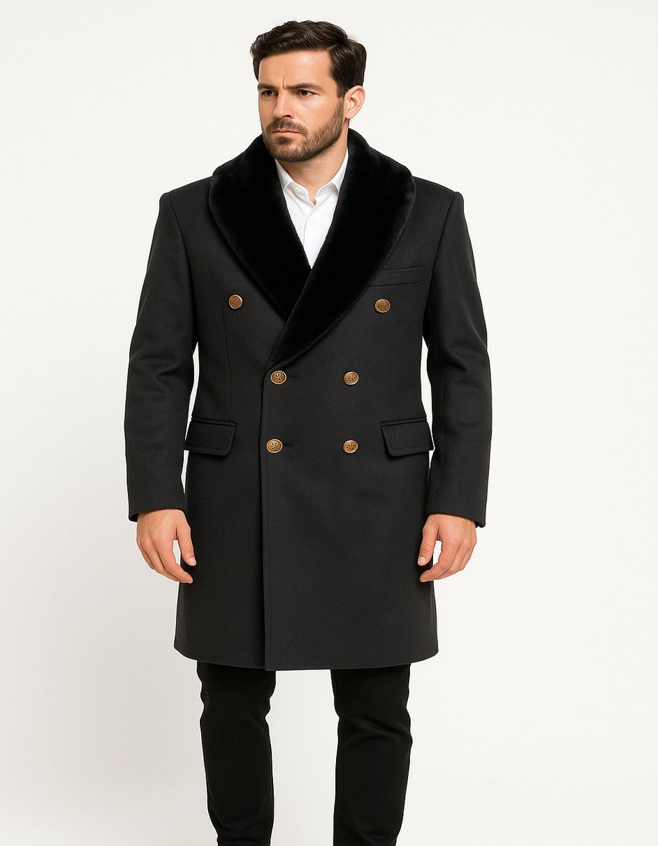 Men’s Black Double-Breasted Overcoat with Faux Fur Collar and Gold Buttons 3   - from alligatorwarehouse.com