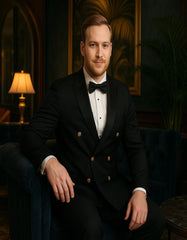 Menƒ??s Black Double-Breasted Tuxedo ƒ?? Classic Shawl Lapel Suit with Gold Buttons for Weddings, Galas, and Black Tie Events
