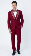 Men's Burgundy and White Embellished Tuxedo Suit – Slim Fit 3-Piece Formal Wedding, Prom, and Gala Outfit