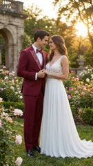 Men's Burgundy and White Embellished Tuxedo Suit – Slim Fit 3-Piece Formal Wedding, Prom, and Gala Outfit