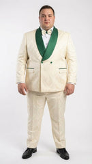 Men's Ivory and Emerald Green Jacquard Tuxedo Suit + Bowtie – 3-Piece Formal Wedding, Prom, and Gala Outfit